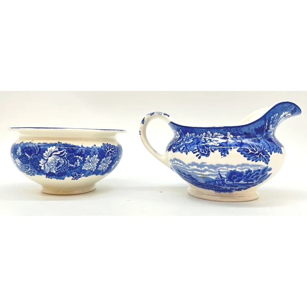 Vintage Enoch Wood's English Scenery Creamer Sugar Set Wood & Sons Blue White